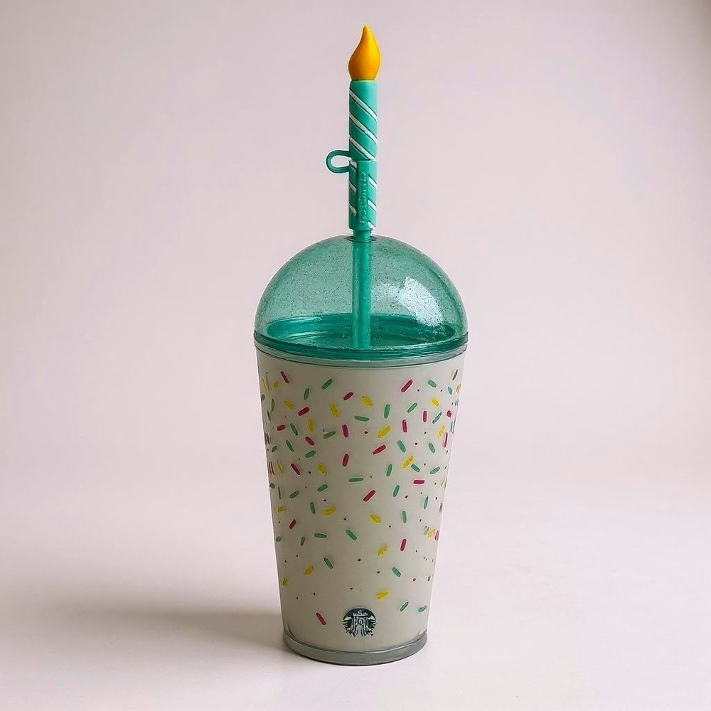Starbucks Glitter Confetti Birthday Cold Cup Dome Lid & Candle Straw Topper NWT